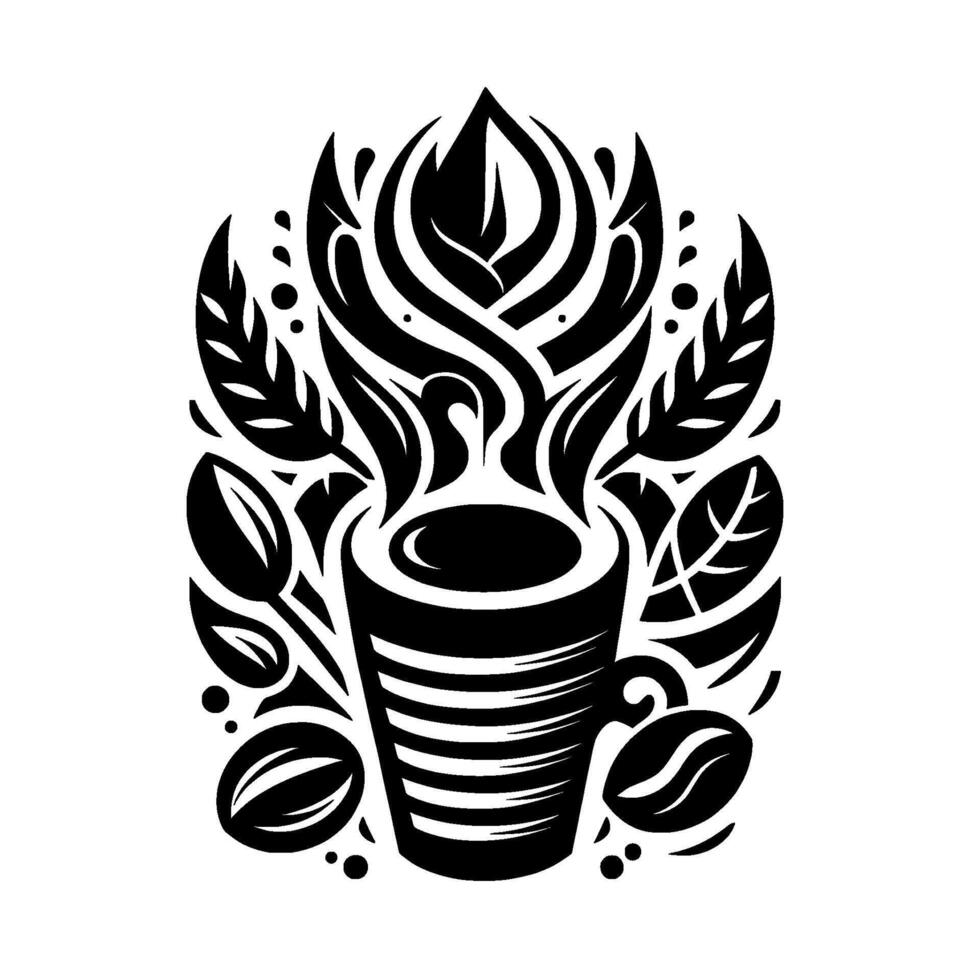 A stylized black and white coffee emblem, featuring a striped mug with steam, surrounded by leaves and beans, representing natures blend. vector