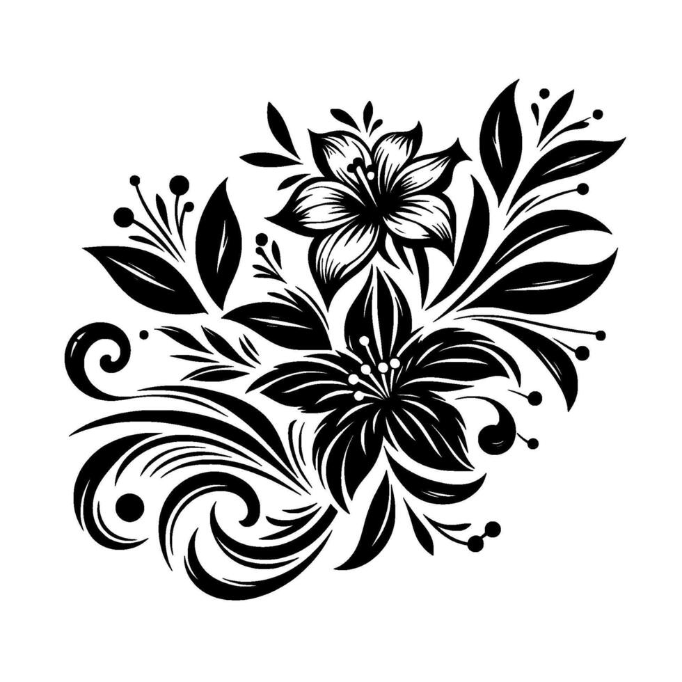 Elegant Black and White Floral with Stylized Lily Flowers, Leaves, and Swirls in a Symmetrical Arrangement. vector