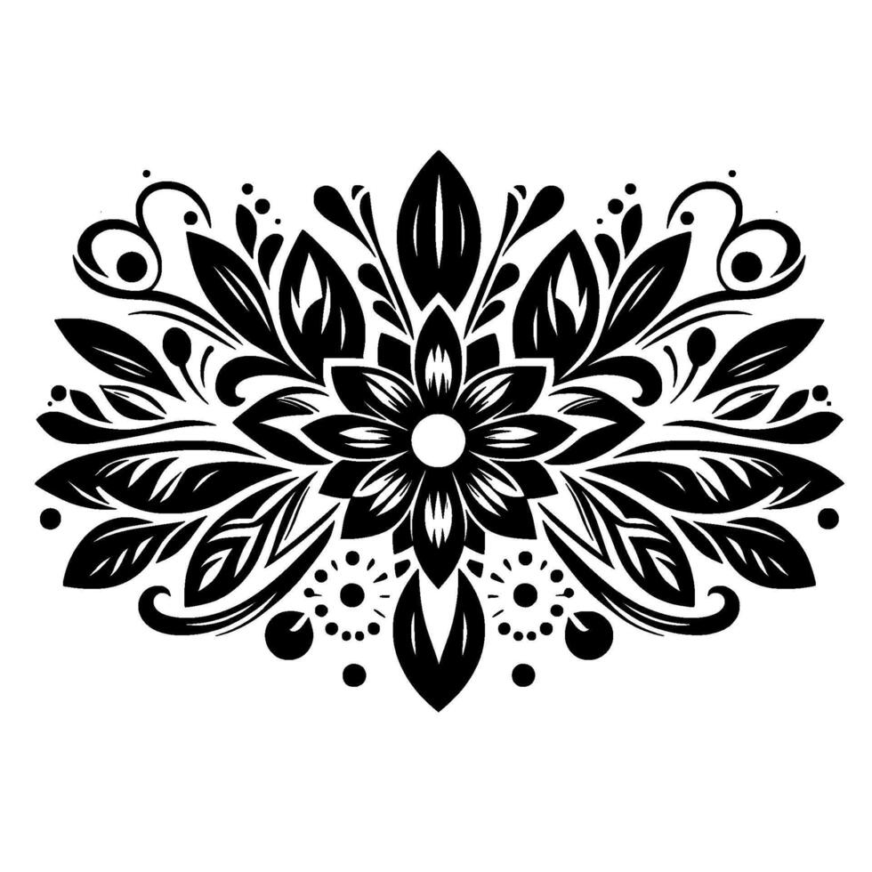 Intricate Black and White Floral Mandala with Detailed Leaves, Spirals, and Symmetric Arrangement, Isolated on White. vector