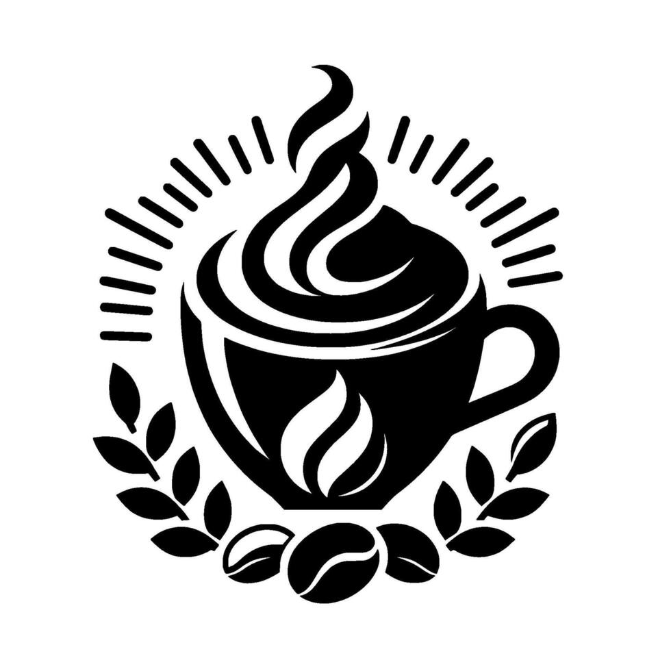 Elegant Black and White Coffee Cup with Steam, Beams, Beans, and Laurel Wreath, Minimalist . vector