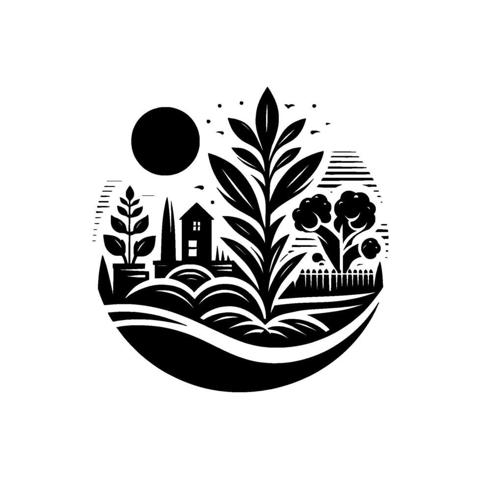 Black and White Illustration of a Circular Garden Scene, Featuring a House, Plants, Trees, Sun, and Birds, Representing Tranquility. vector