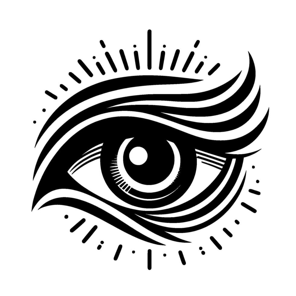 Bold Black White AllSeeing Eye Symbol with Raylike Lashes, Eyelashes, and Iris on White Background. vector