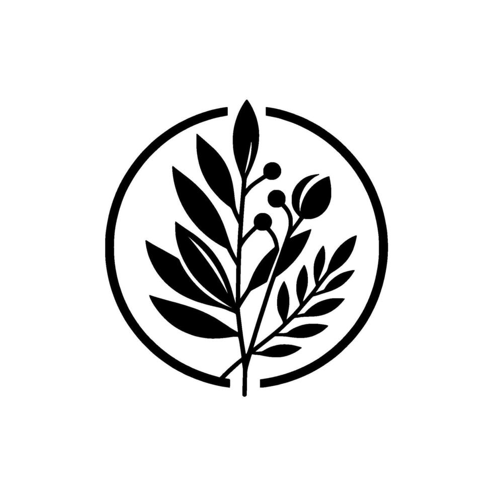 A stark black and white botanical illustration of a stylized plant with leaves and berries, enclosed within a circular frame. vector