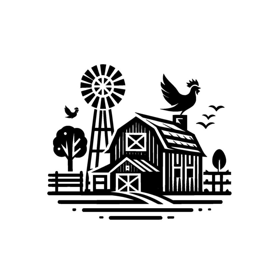 Minimalist Black and White Farm Scene Barn, Windmill, Rooster, Birds, Tree, and Fence Elements. vector