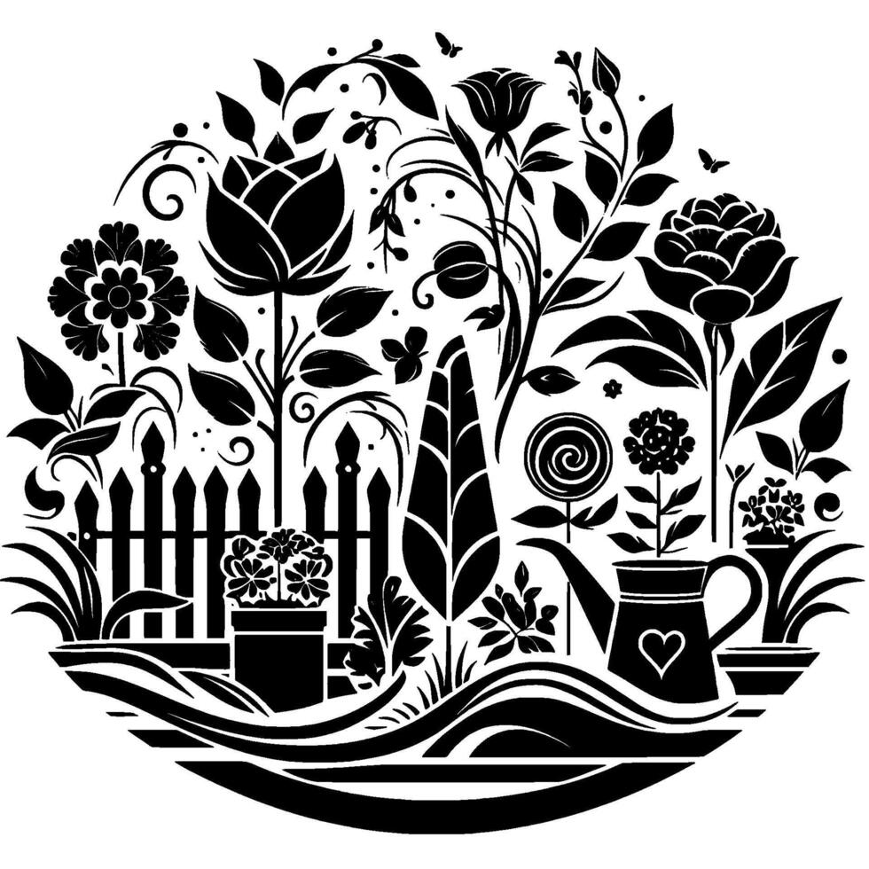 A circular black and white garden illustration featuring a picket fence, flowers, watering can, butterflies, and various foliage. vector