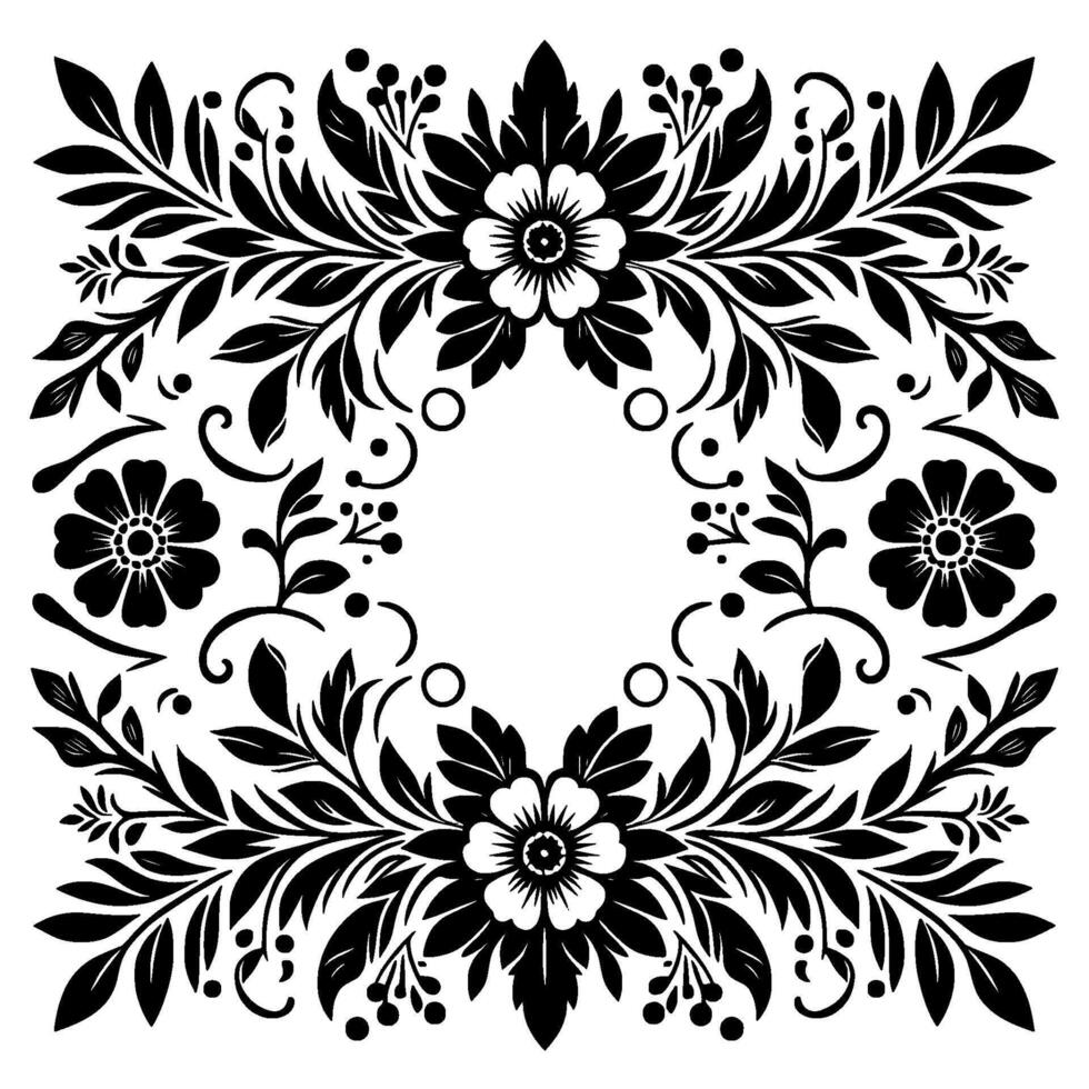 Symmetrical floral with four stylized flowers, leafy branches, and a central blank square, rendered in black and white. vector