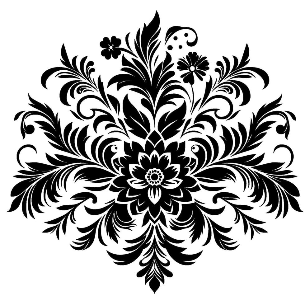 Intricate Black and White Floral Damask with Ornamental Leaves, Blossoms, and Elegant Swirls, a Symmetric Composition. vector