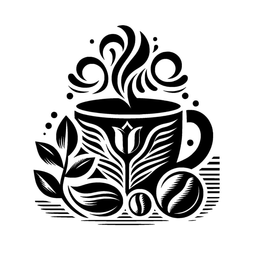 Stylized Black and White Coffee Cup with Floral Ornament, Coffee Beans, and Steam, Artistic on White Background vector