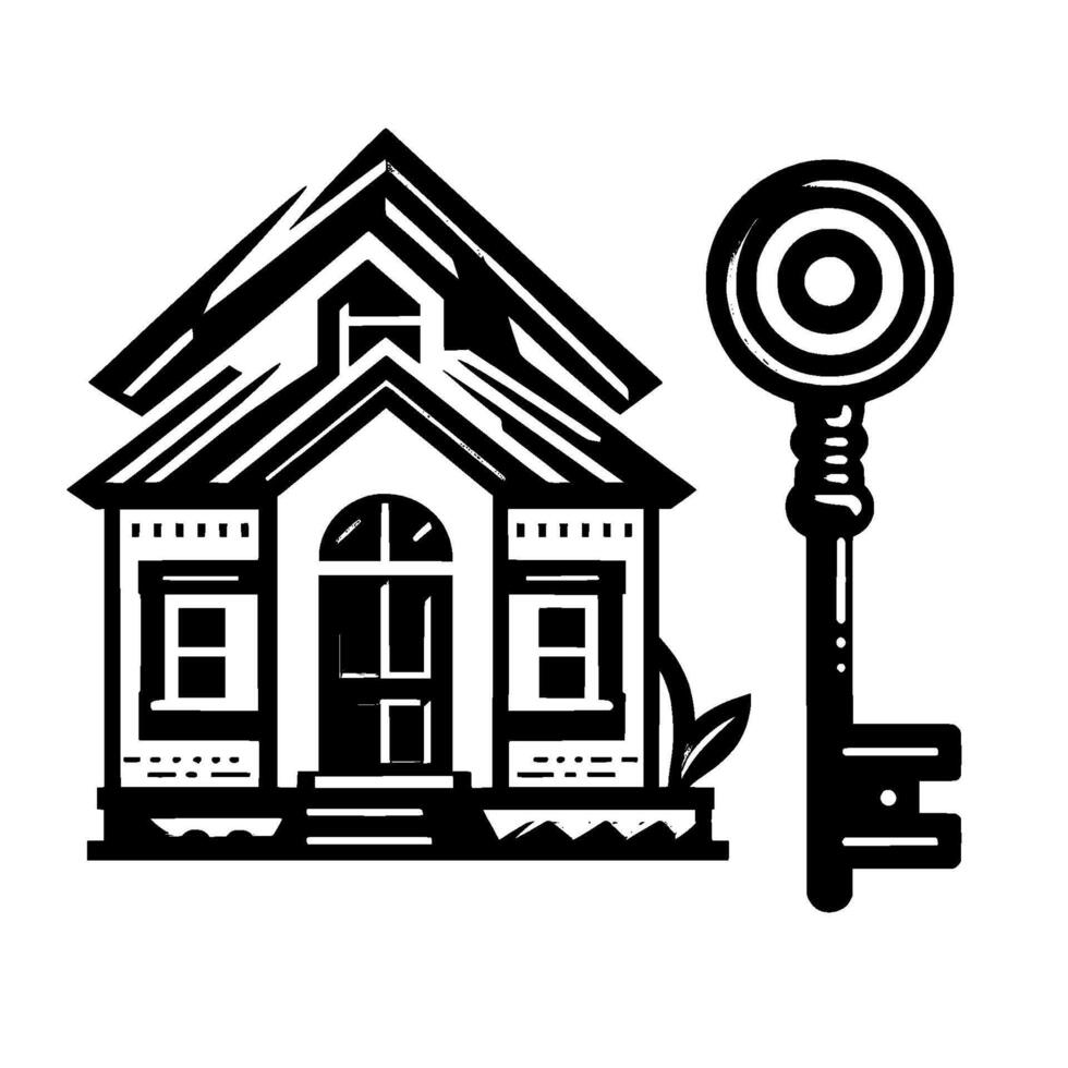 Stylized BW Illustration of a House and Giant Key, Representing Home Ownership, Security, and Real Estate Concepts, Minimalist . vector