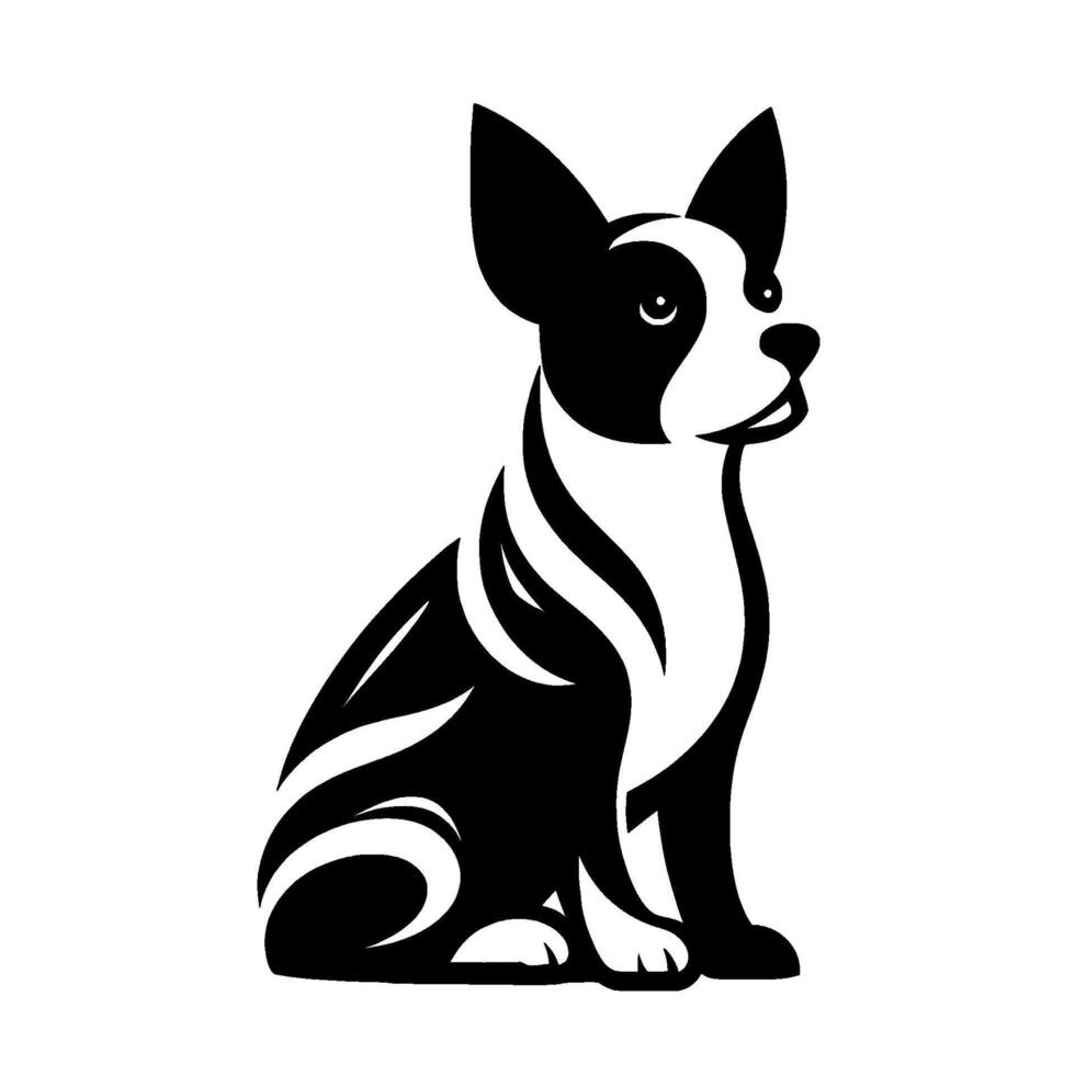 Stylized black and white Boston Terrier , sitting attentively, featuring elegant flowing lines, clean on white background. vector