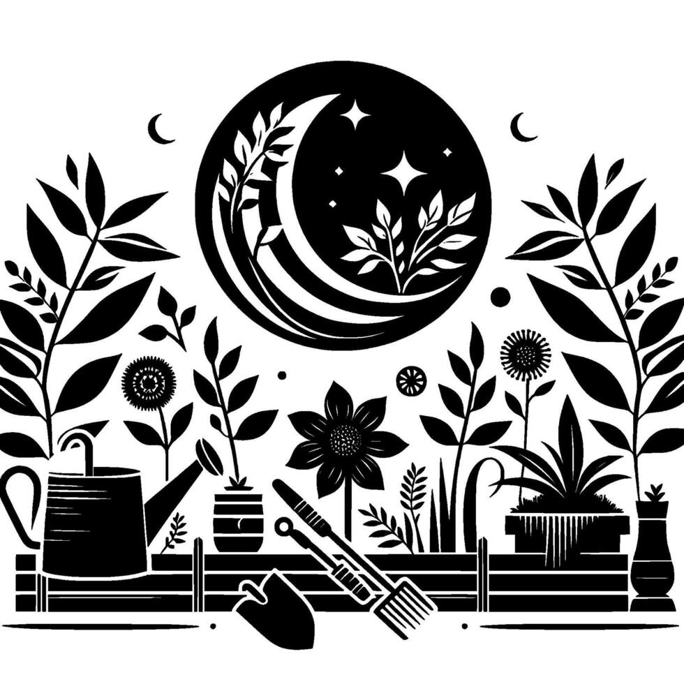 Black and white illustration of a moonlit garden scene, featuring plants, flowers, gardening tools, and a celestial celestial elements. vector