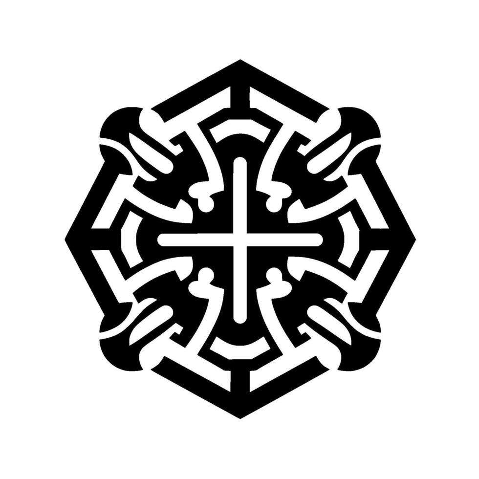 Black and white symmetrical geometric with an octagonal frame, featuring a crosslike central motif and intricate abstract patterns. vector