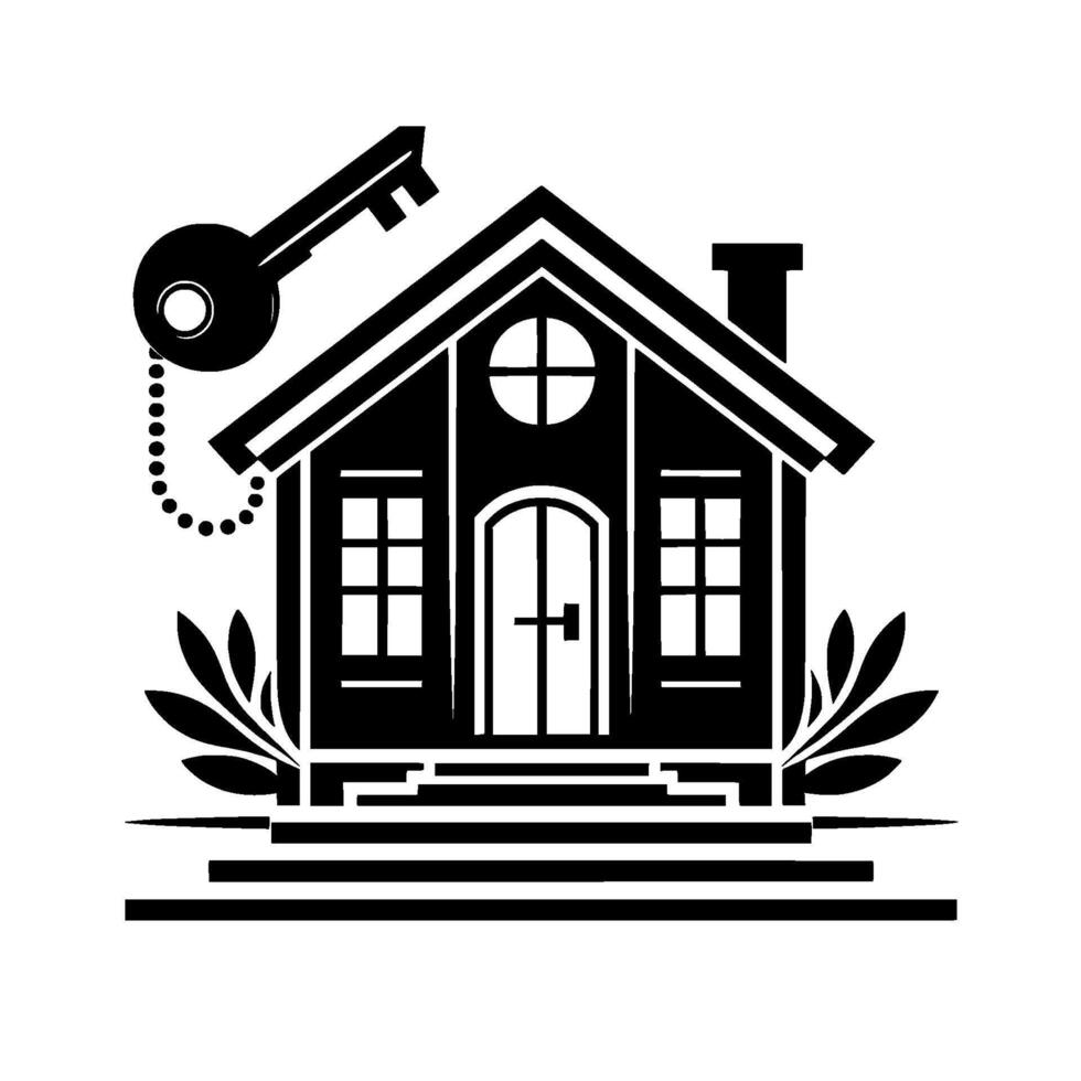 Stylized Black and White Illustration of a House with a Key, Conveying Homeownership and Real Estate Concepts. vector