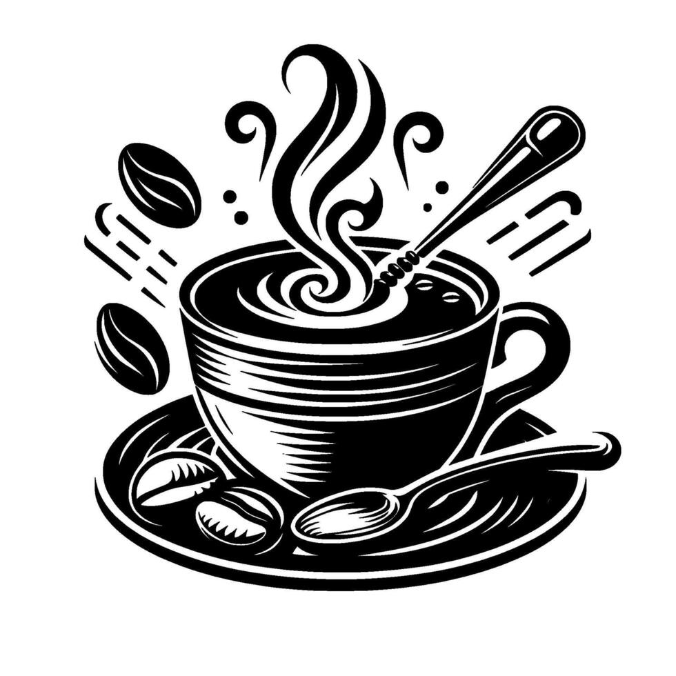 Stylized Black and White Coffee Illustration with Steaming Cup, Beans, and Spoon on Saucer, Clean Art vector