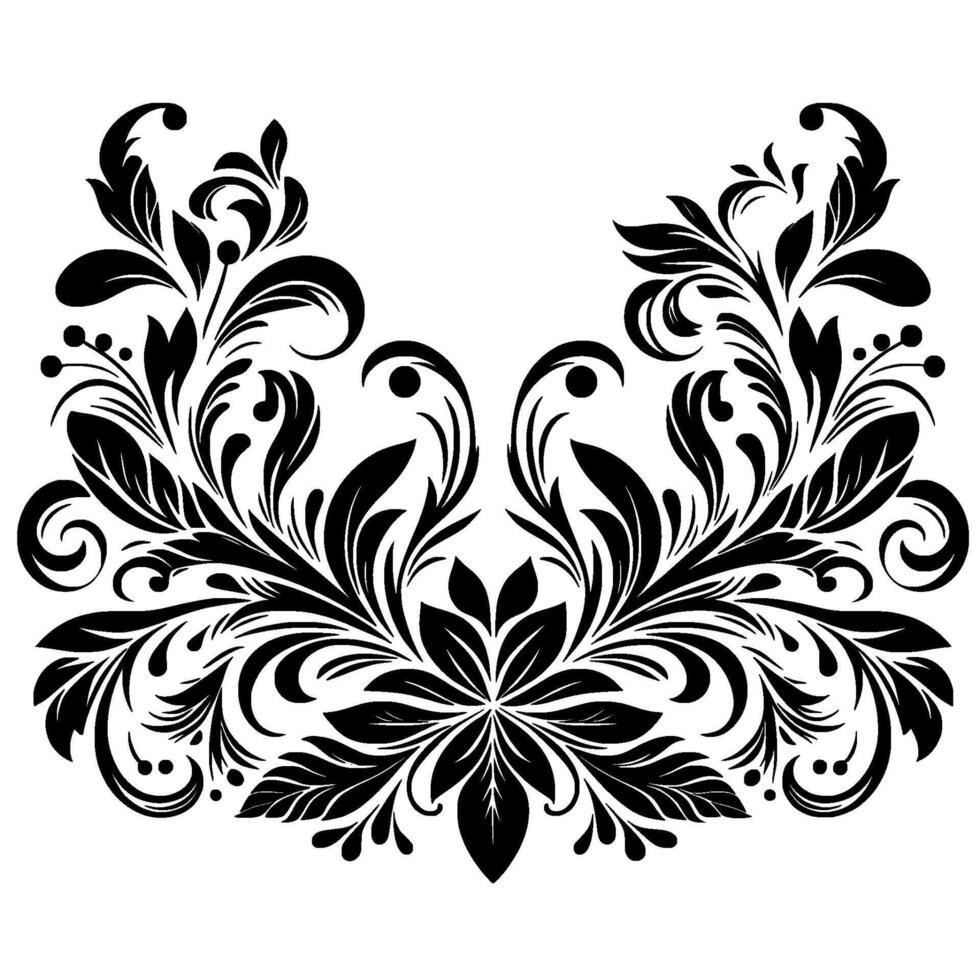 Symmetrical Black Floral Ornament with Leaves, Vines, and Berrylike Dots on a White Background. vector