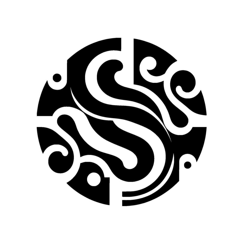 Intricate black and white circular featuring stylized letter S and symmetrical ornamental patterns in negative space. vector