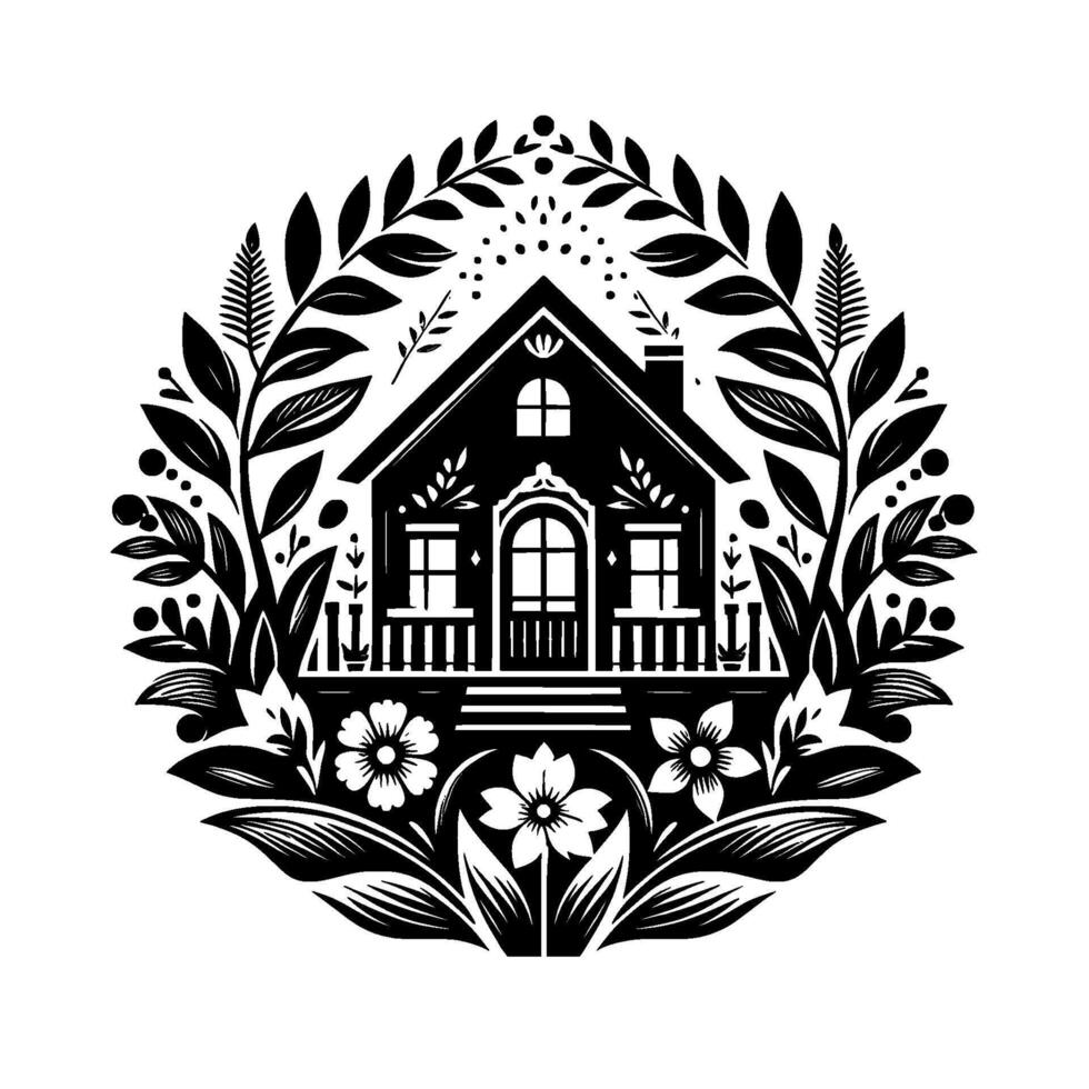 illustration Black and white silhouette of cozy cottage home encircled by floral and botanical elements, creating a circular natureinspired composition. vector