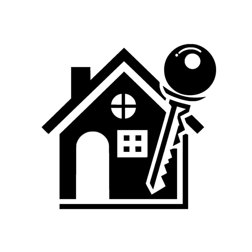 Minimalist Black and White House with Key, Symbolizing Home Ownership, Real Estate, and New Beginnings. vector