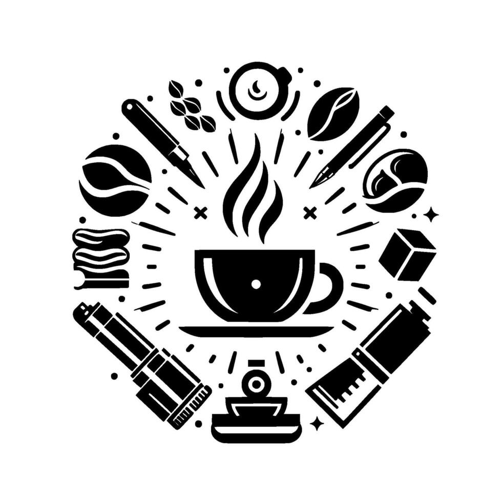 A circular coffeethemed illustration featuring a steaming cup surrounded by coffeerelated icons and stationery, all in bold black and white. vector