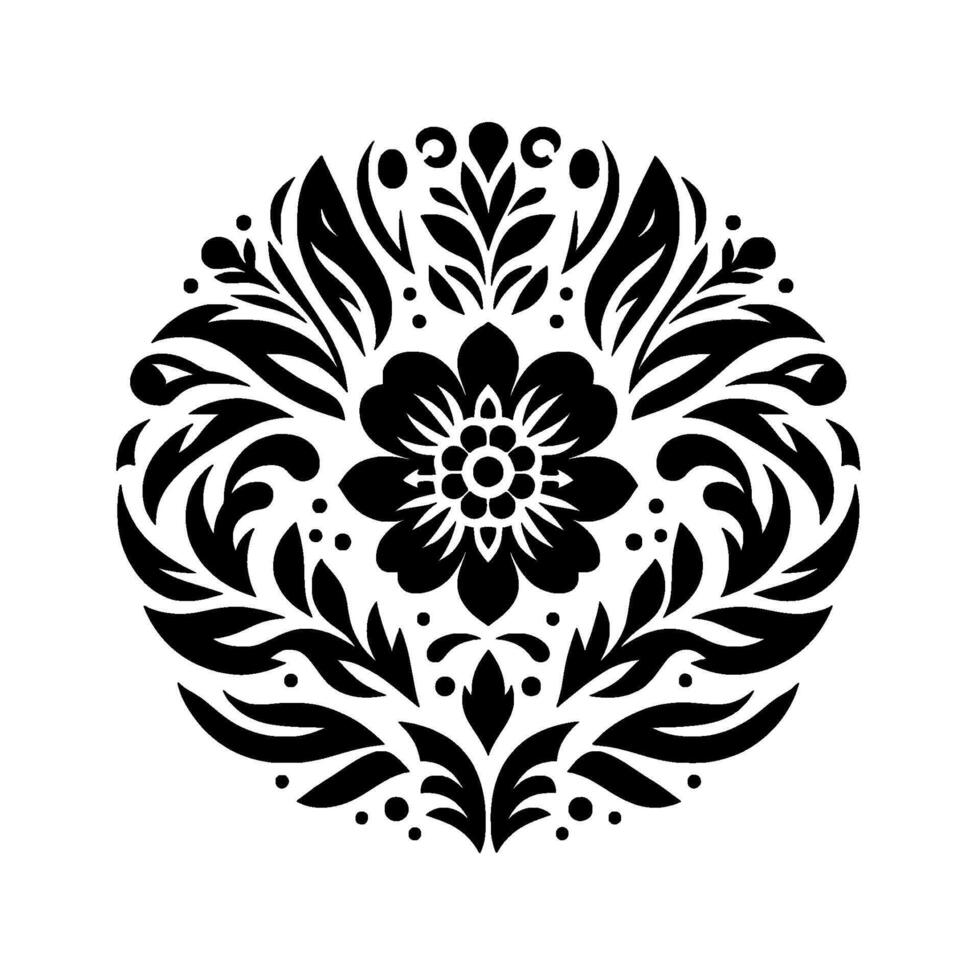 Ornate Black Floral Mandala Symmetrical Arrangement of Petals, Leaves, and Decorative Elements in a Circular Composition on White vector