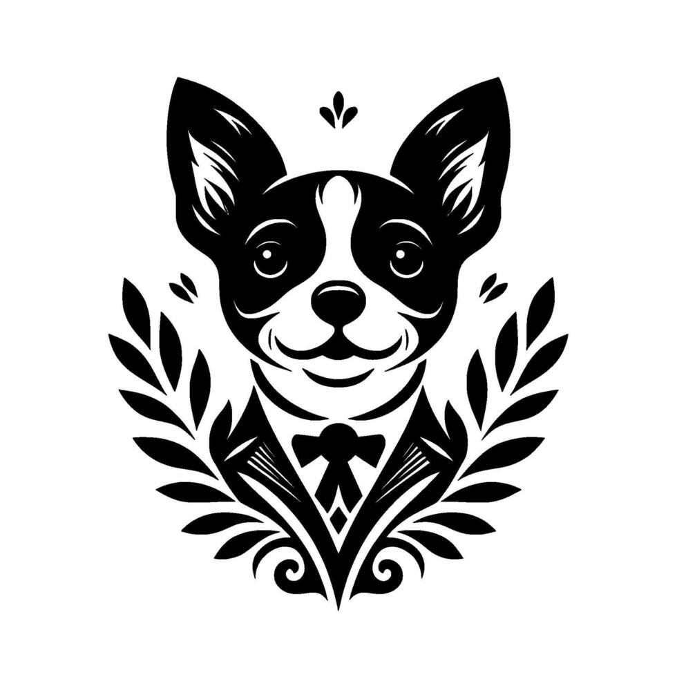 Formal Black and White Chihuahua Portrait with Laurel Wreath and Bowtie, Decorative and Elegant vector