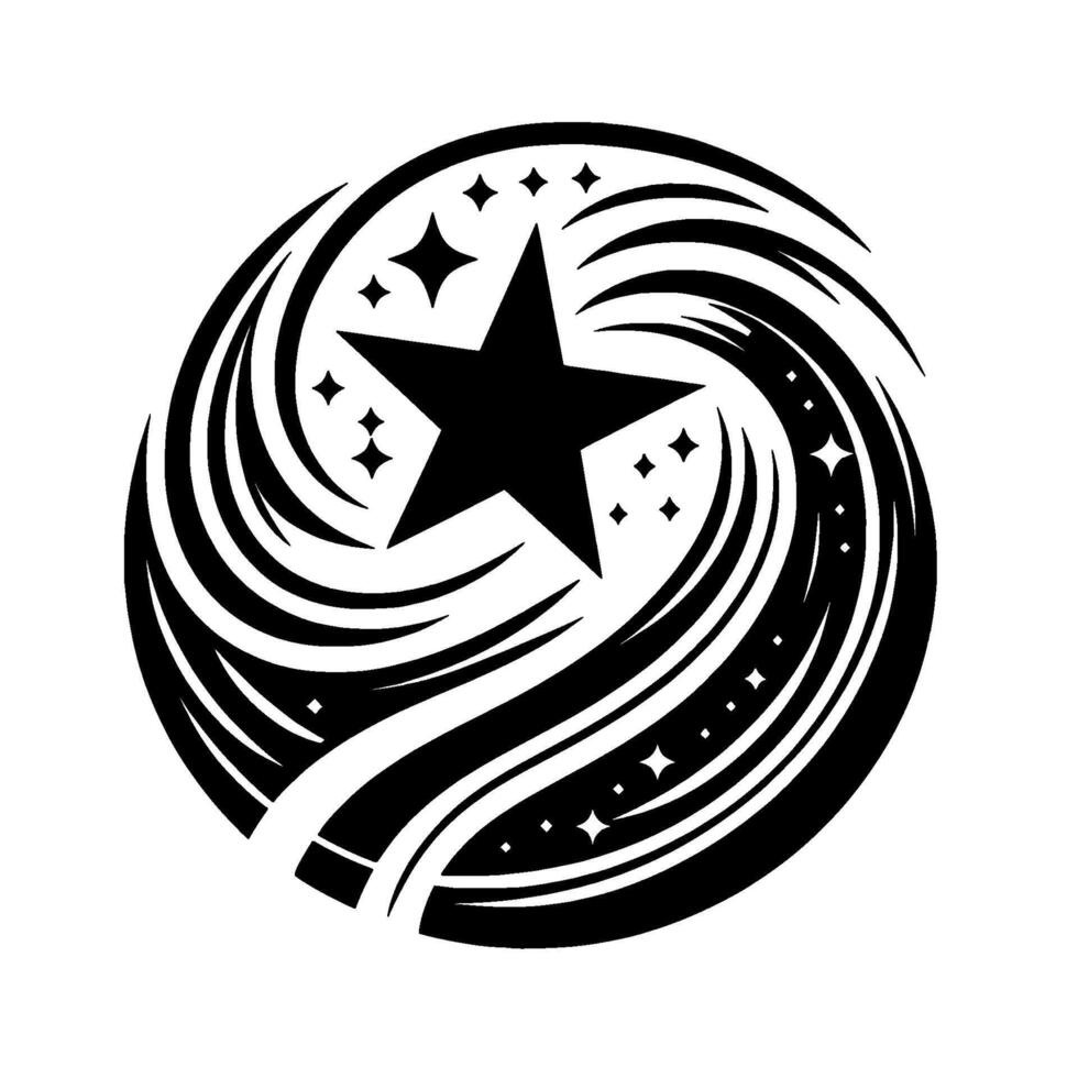 Circular Black White Cosmic , Centered Star, Swirling Lines, Starburst Effect, Geometric, Illustrative Aesthetic vector