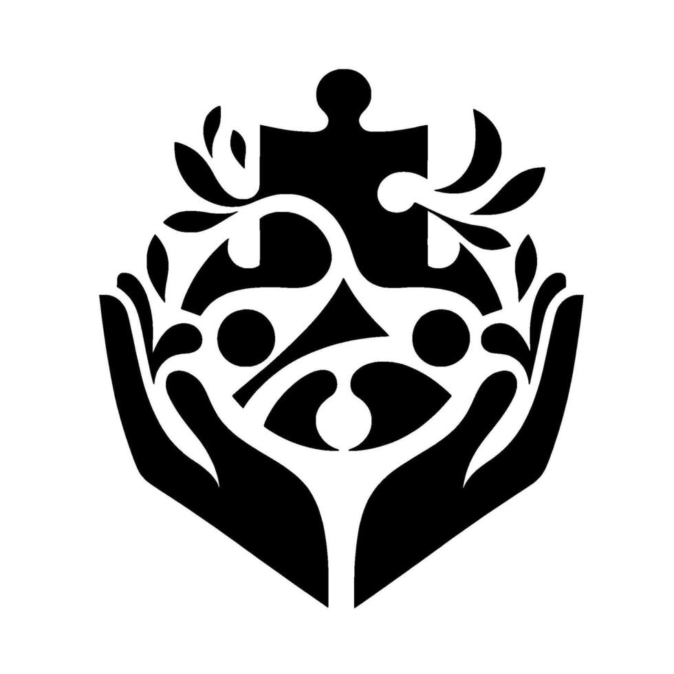 Symbolic Black White Illustration Hands cradling a puzzle piece, intertwined with organic shapes floral elements. vector