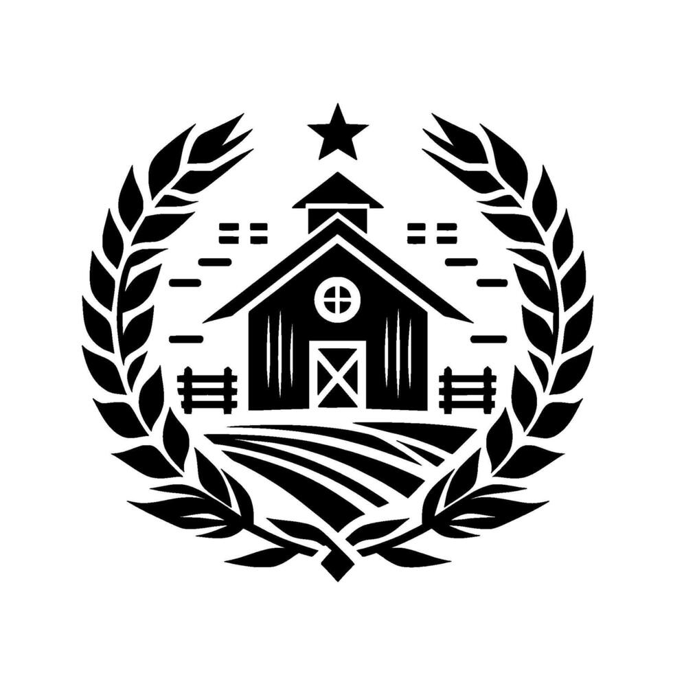 Black and White Farmhouse within a Laurel Wreath, Featuring a Star, Fields, and a Barn. vector