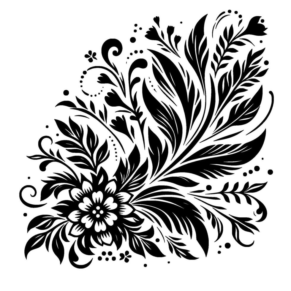 Intricate Black and White Floral Corner , Featuring Leaves, Flowers, Swirls, and Dot Accents, Isolated on White. vector