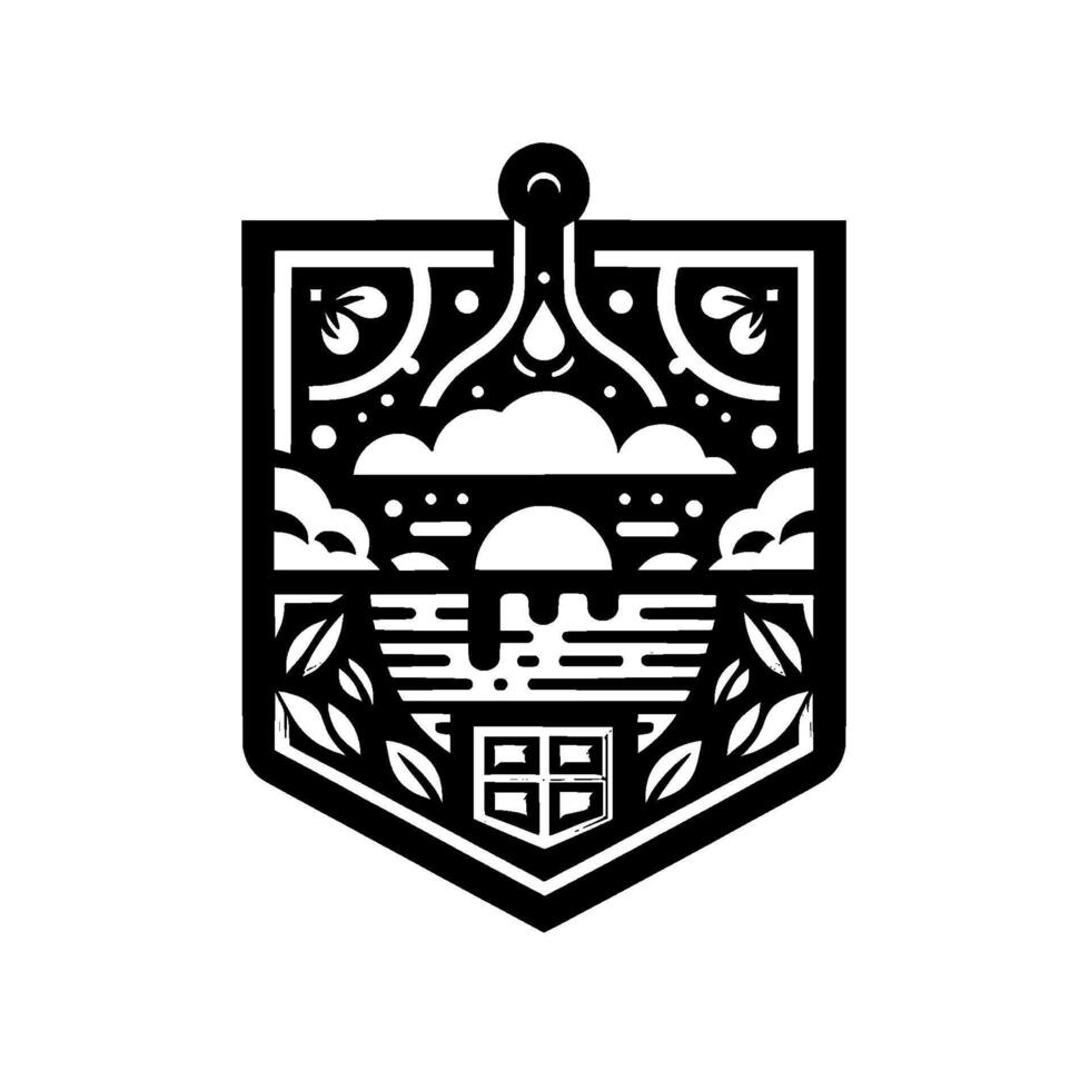Ornate black and white shield with stylized elements representing nature, architecture, and abstract patterns, hinting at a . vector