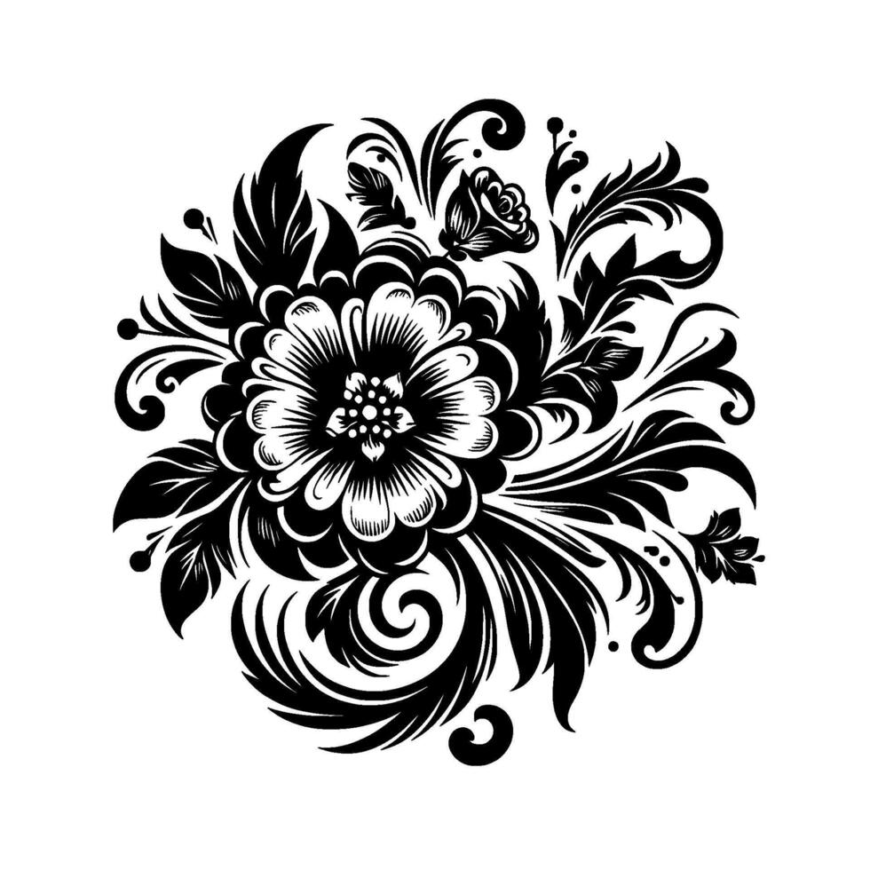 Ornate Black and White Floral Featuring a Central Flower, Surrounding Leaves, Swirls, and Bud, on White Backdrop. vector