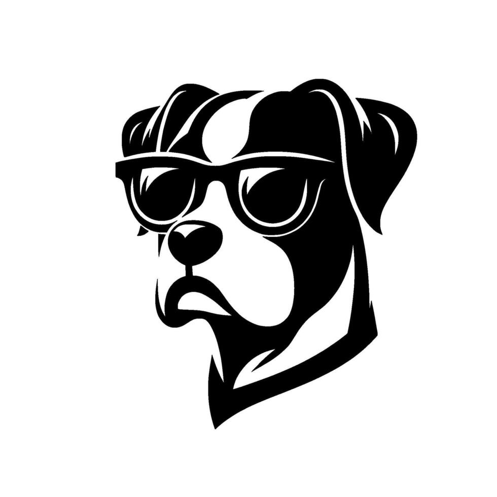 Black and white stylized boxer dog portrait wearing sunglasses, creating a cool and hip minimalist on a white background. vector