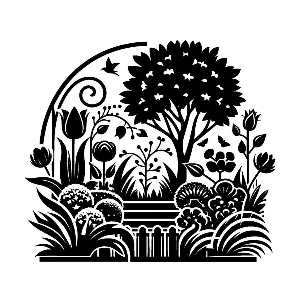 Black and white illustrated garden scene with arch, flowers, tree, birds, and a small fence. vector