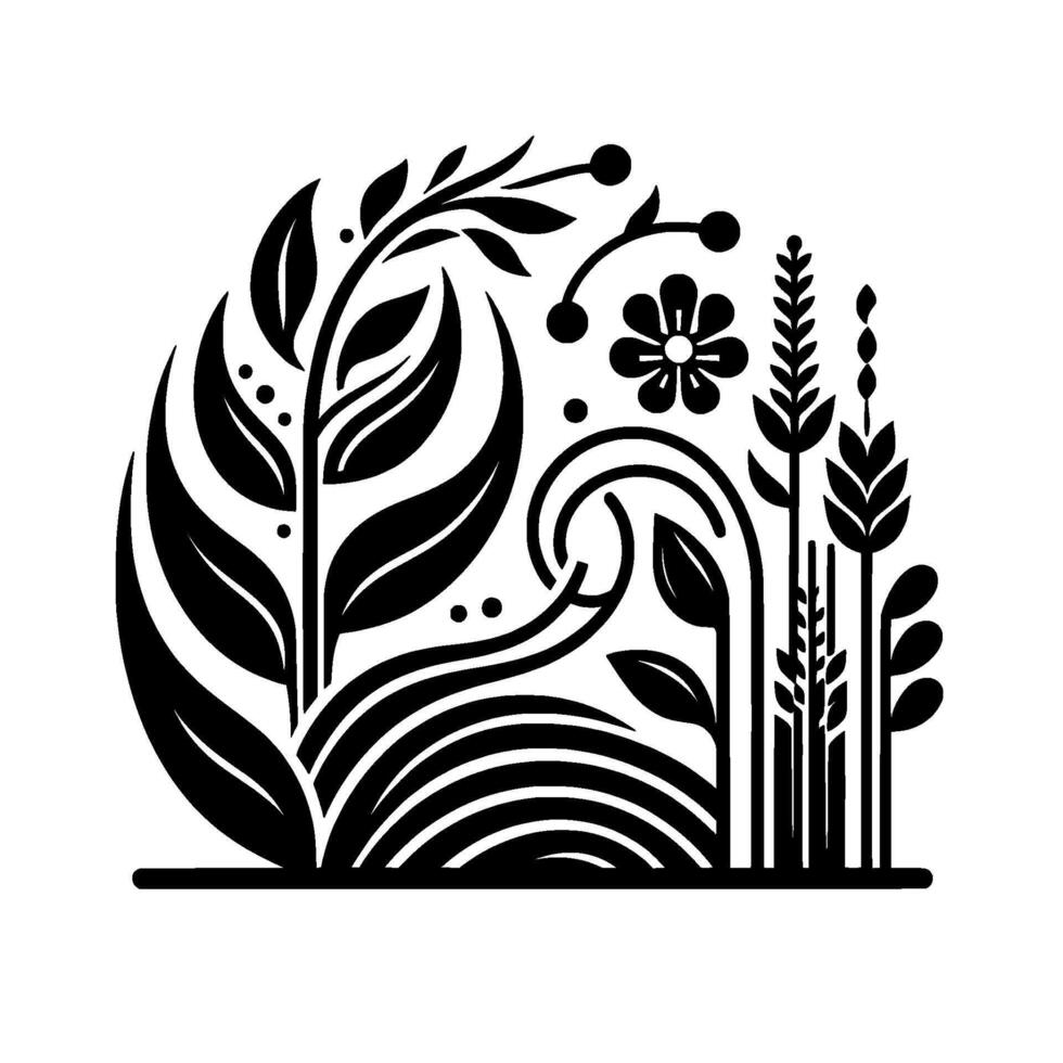 Stylized monochrome floral and botanical illustration circular composition of leaves, flower, grains and stems. vector