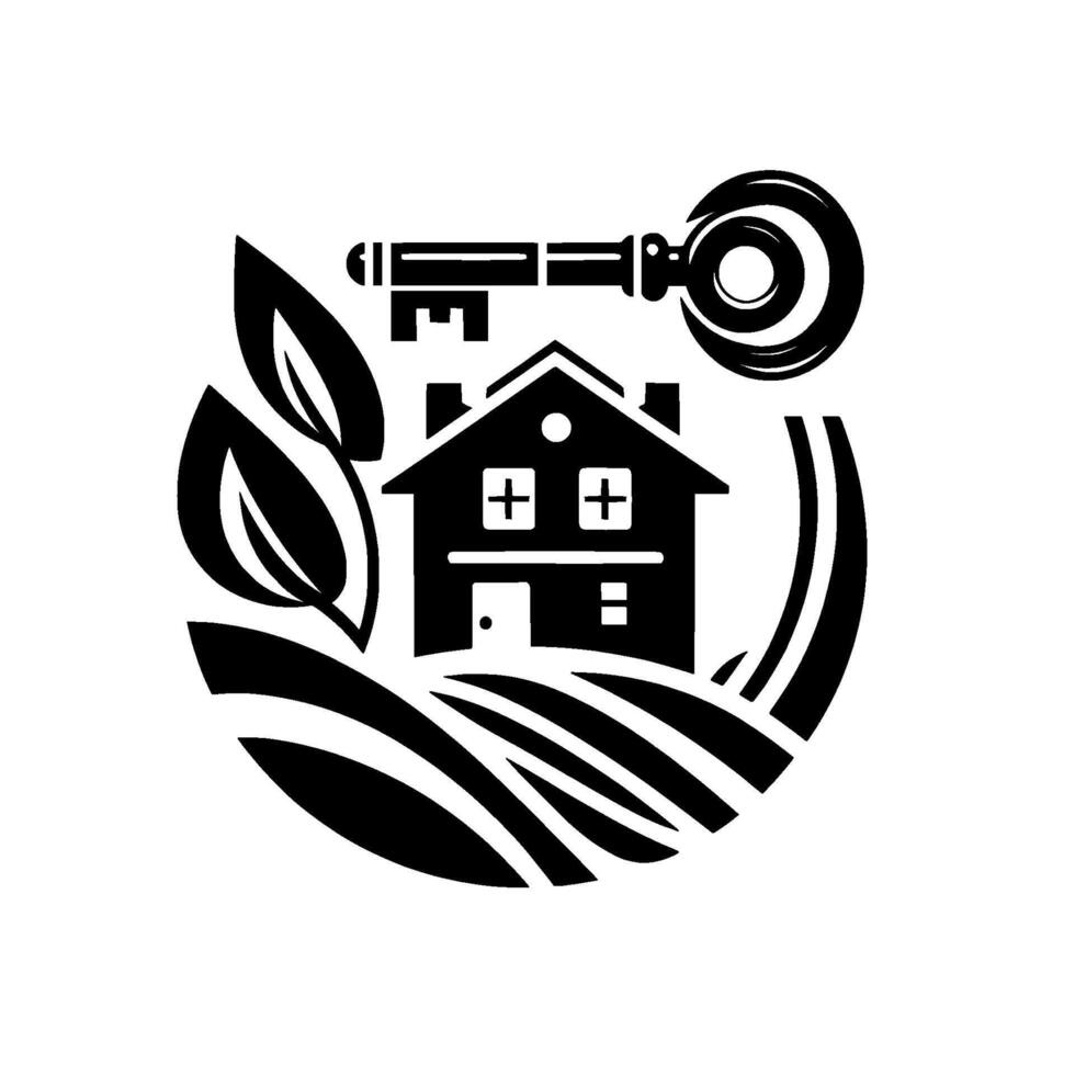 Symbolic monochrome emblem featuring a house with a key, leaves, and rolling landscape, representing homeownership and growth. vector