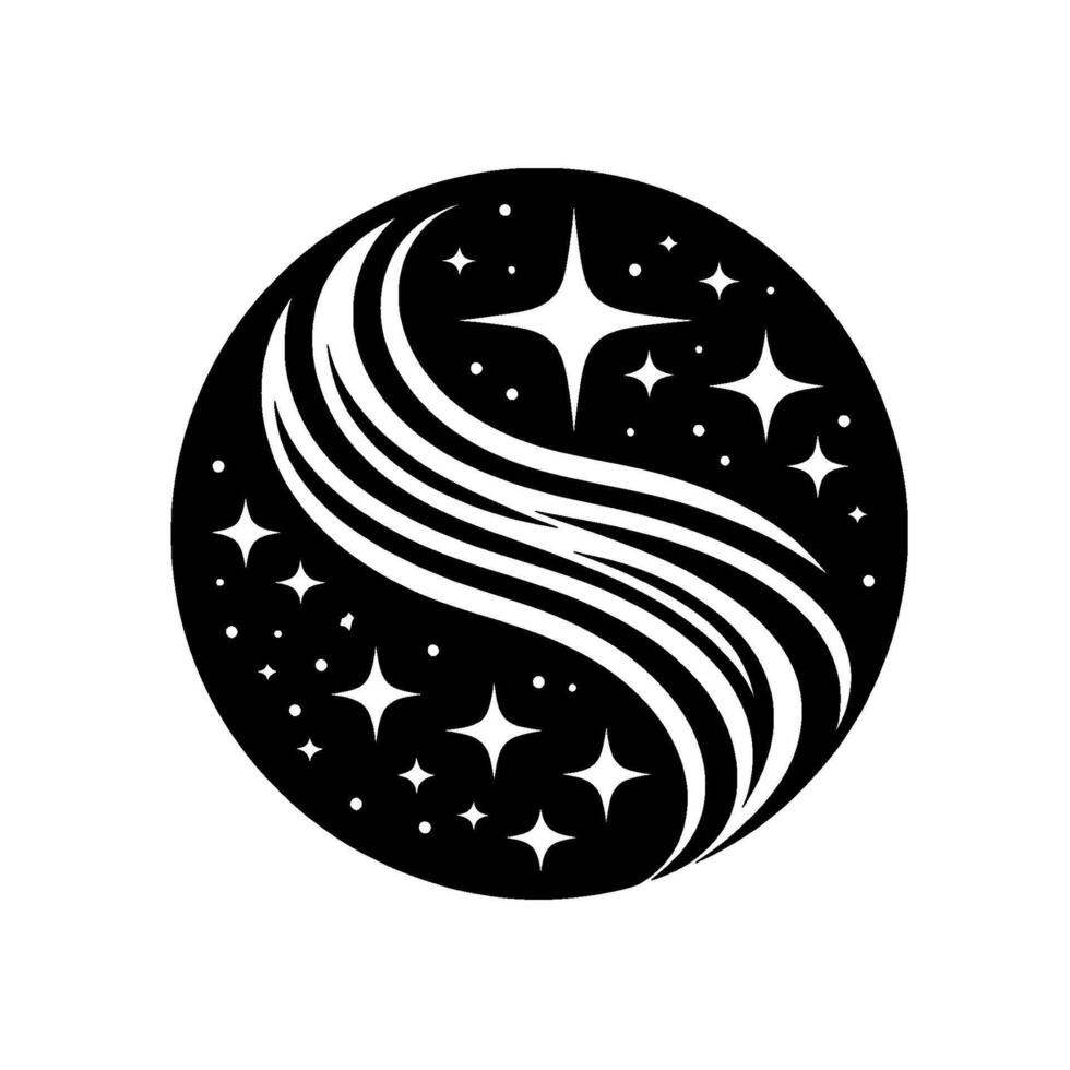 Yin Yang stylized celestial , black circular artwork with white curved streaks, stars, and cosmic dots, minimalist aesthetic vector
