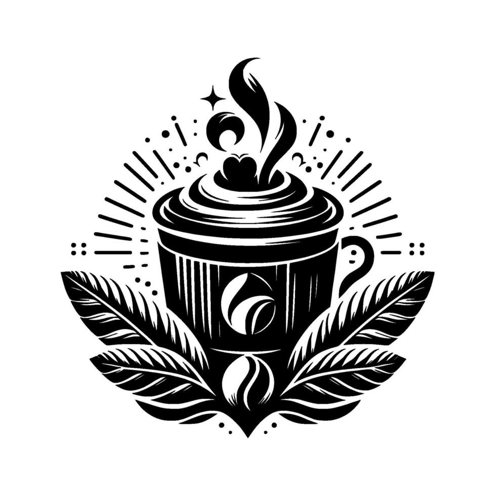 Stylized Black and White Coffee Cup Illustration with Steam, Leaves, and Starburst Effect vector