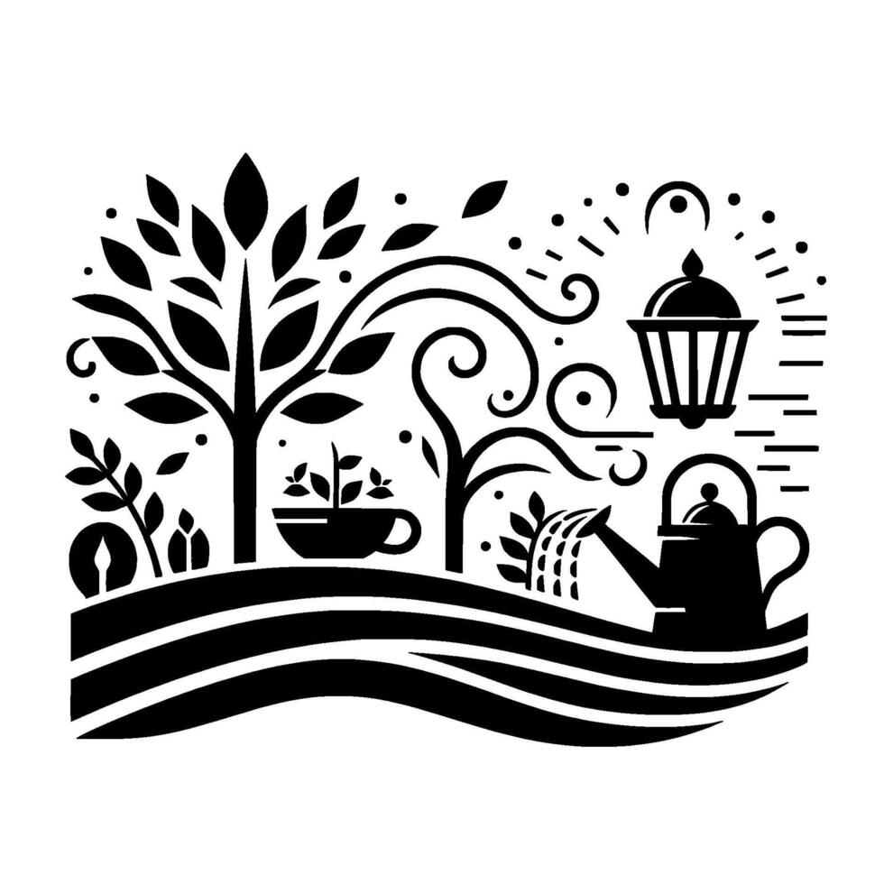 Stylized Black and White Garden Scene Tree, Cup, Teapot, Plants, Lamp, and Swirls Against White. vector