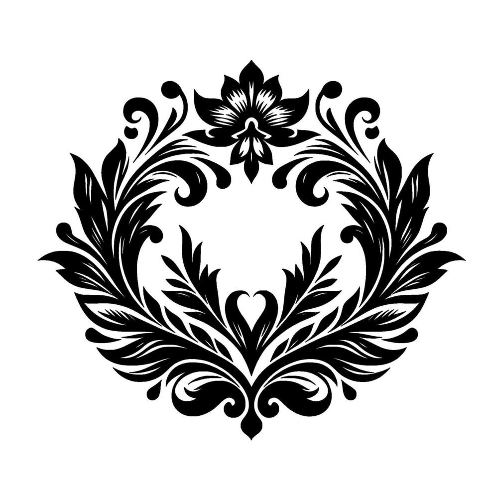 Ornate Black and White Circular Floral Featuring Leaves, Swirls, and a Central HeartShaped Motif on White Background. vector