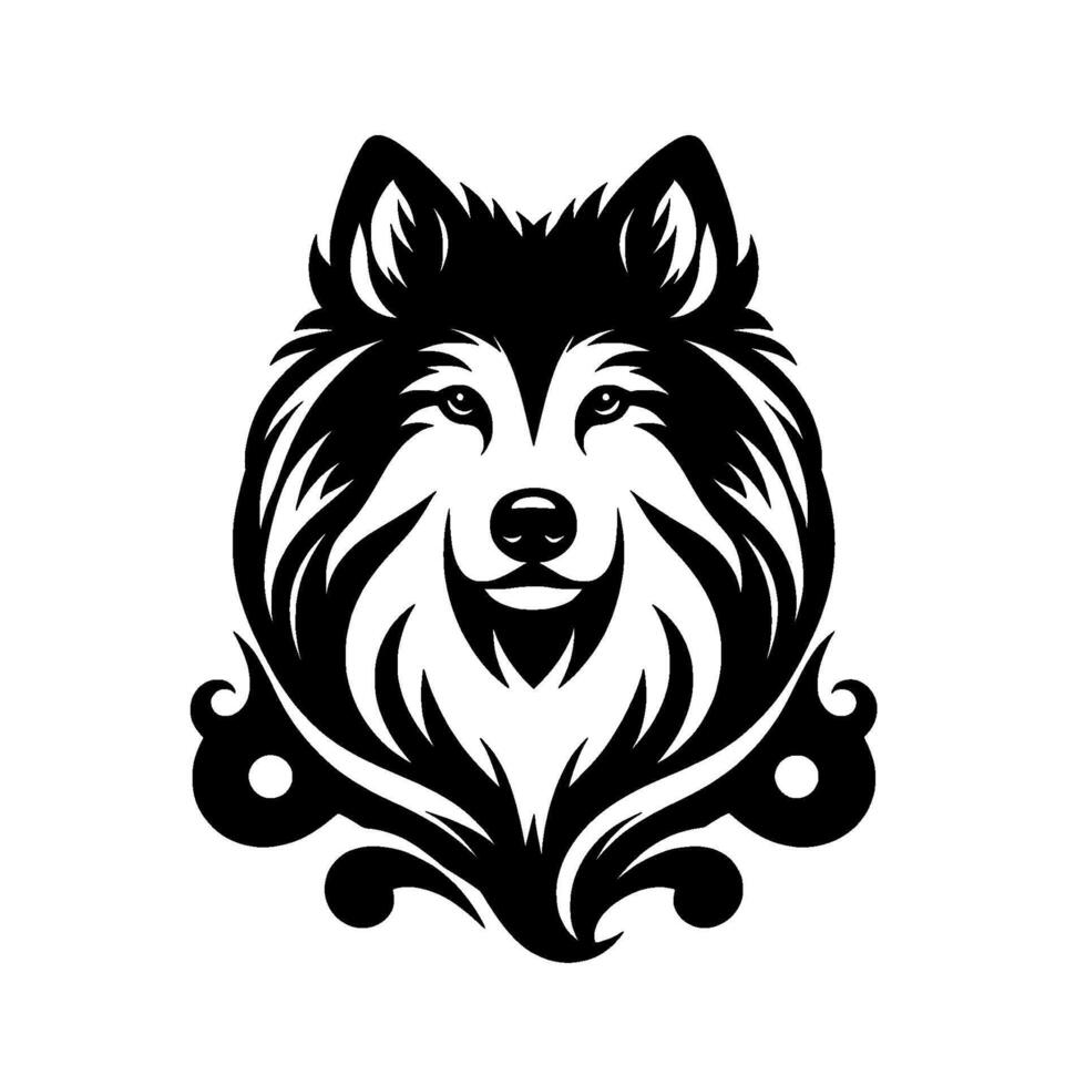 A stylized, symmetrical black and white illustration of a wolfs head, featuring intricate fur patterns and decorative flourishes. vector