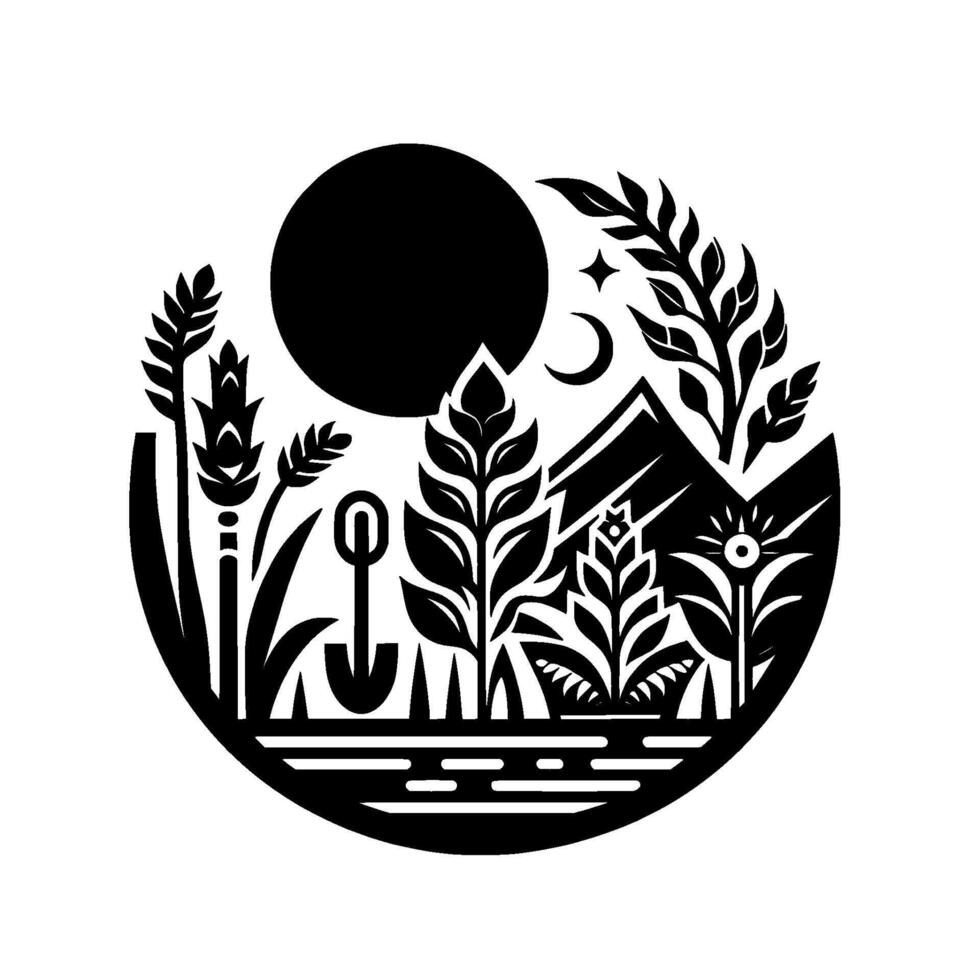 Black and white circular silhouette of a landscape featuring agriculture, a shovel, mountain, crops, celestial elements, and a serene mood. vector