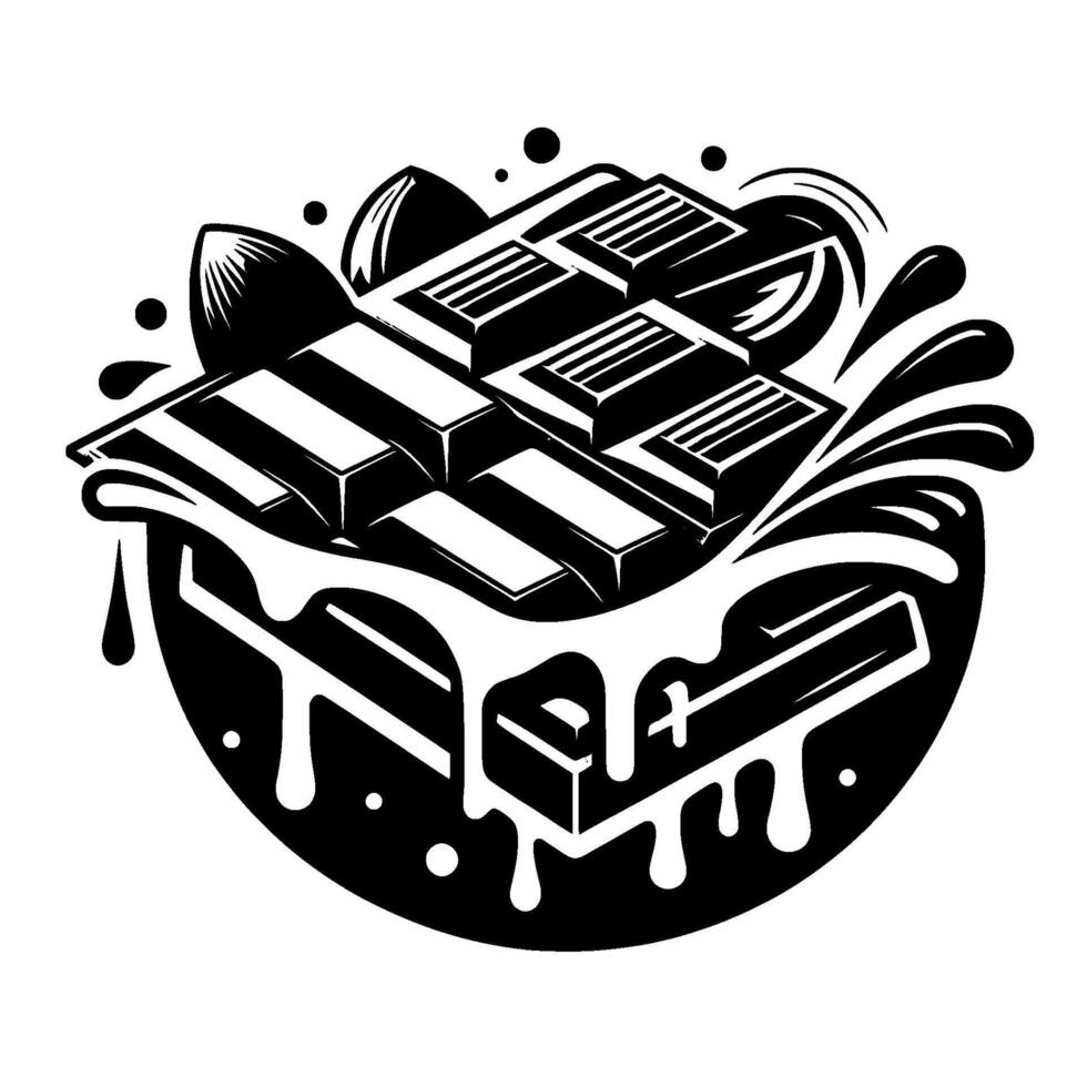 Artistic Black and White Illustration of Chocolate Bar, Almonds, and White Drizzle, vector