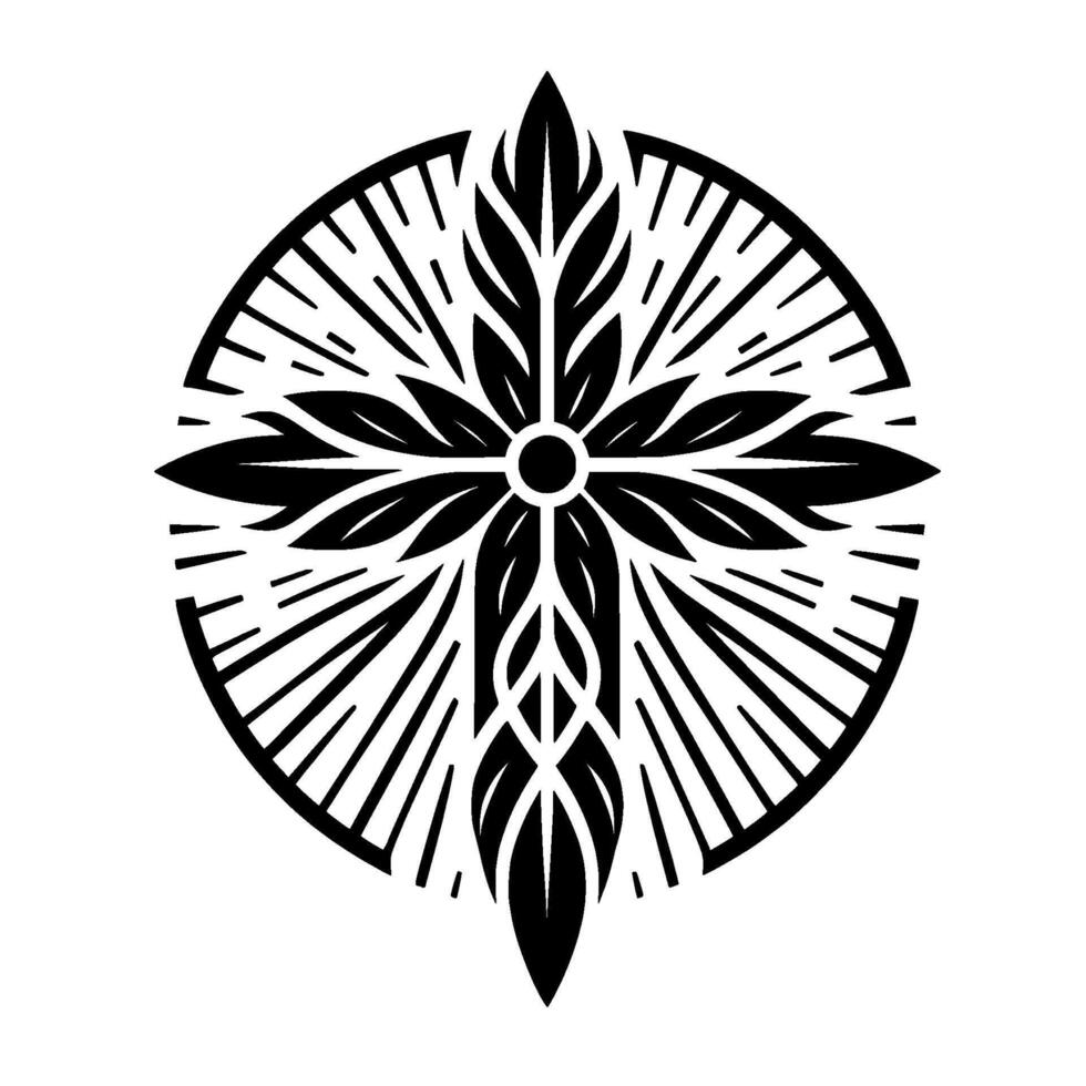 Ornate Black and White Cross with Floral and Radial Elements within a Circular Frame, Simple Yet Detailed. vector