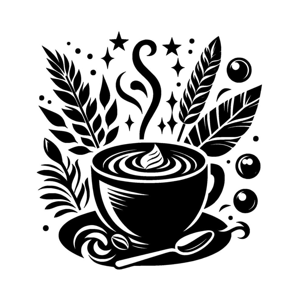 Serene Black and White Coffee Cup Illustration Adorned with Botanical Foliage, Steam, Stars, and a Feather, a calming composition for a cozy vibe. vector