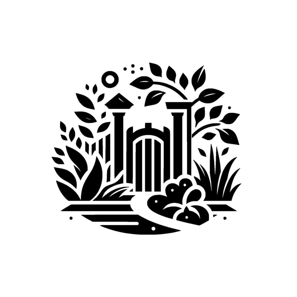 Monochromatic garden illustration a stylized gate and path surrounded by lush plants, branches, and a whimsical sunmoon motif. vector