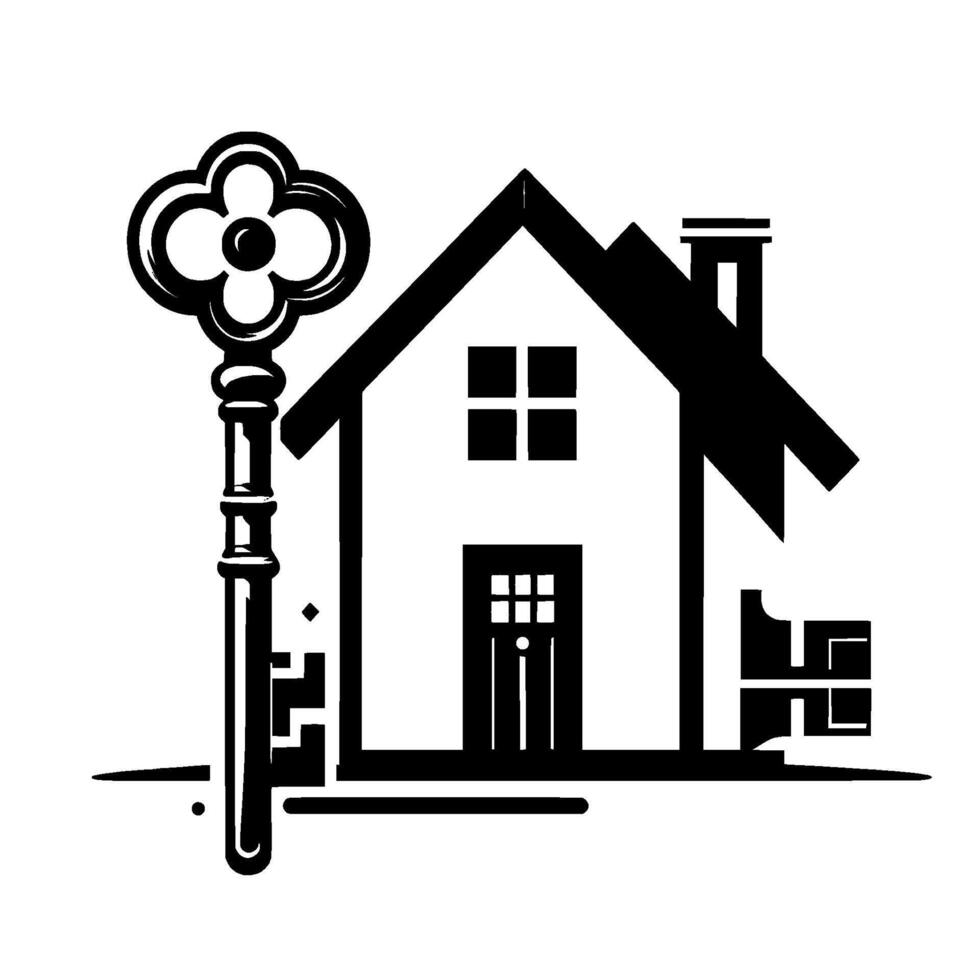 Minimalist black and white illustration of a house with a large vintage key, representing home ownership and real estate. vector