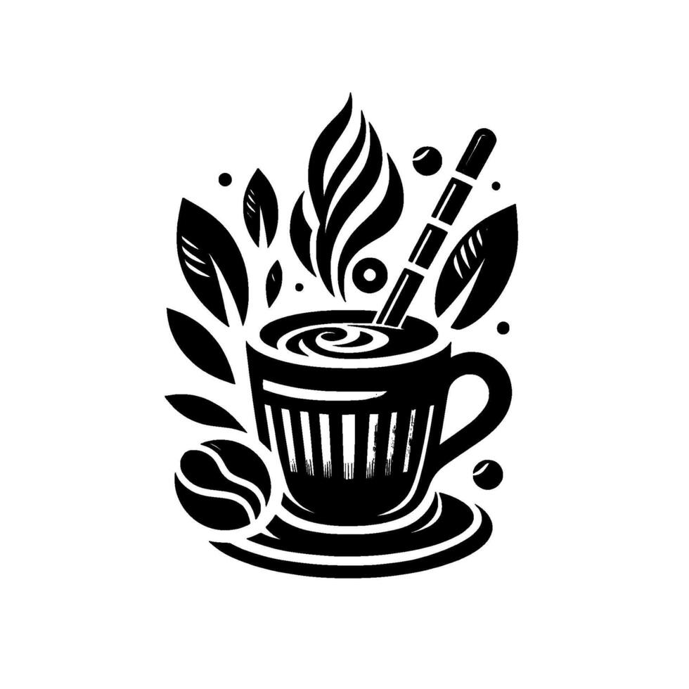 Artistic Black and White Coffee Illustration Featuring Cup, Bean, Leaves, Steam, and Swirls, Isolated on White. vector