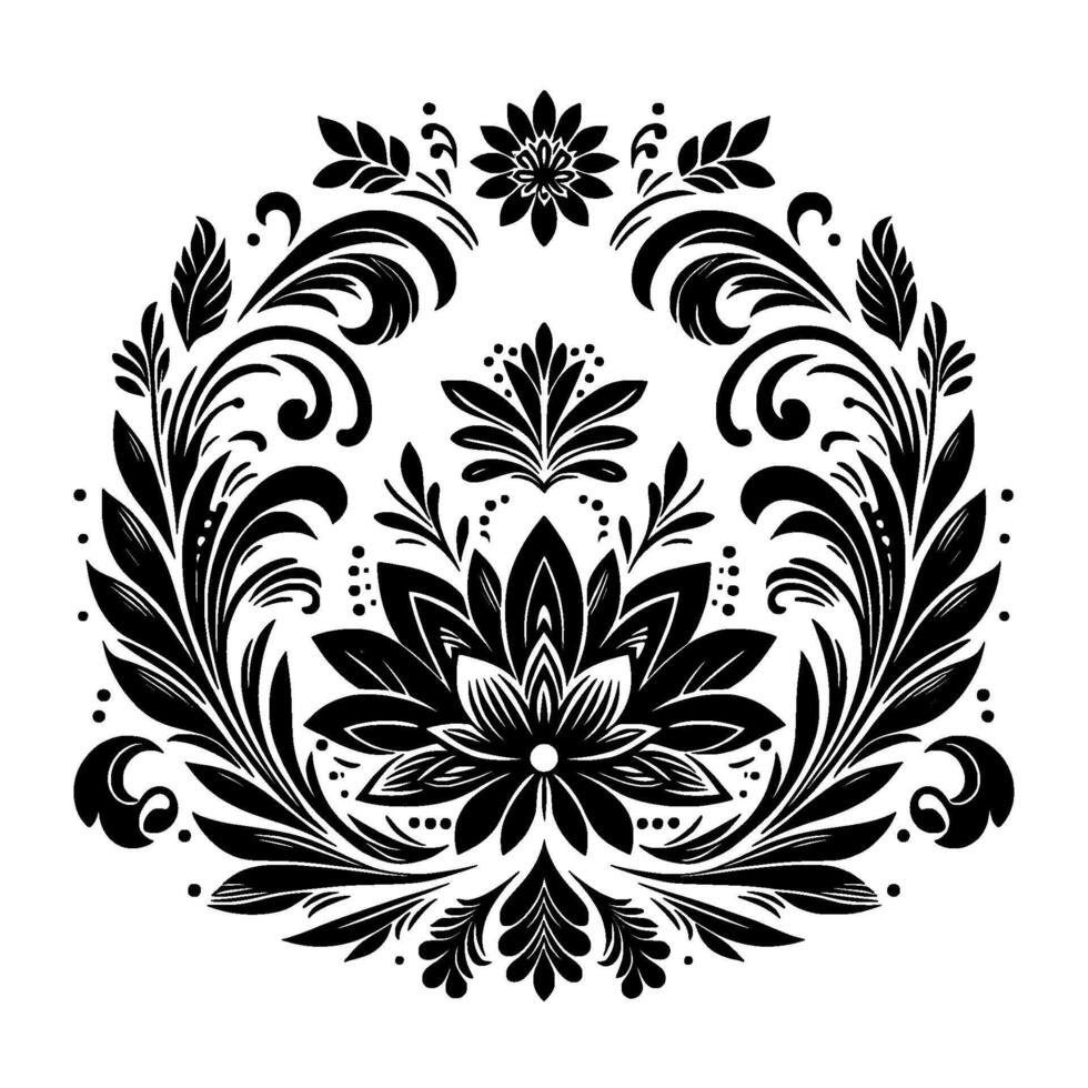 Intricate Black and White Floral Mandala Symmetrical with Stylized Flowers, Leaves, and Swirls in a Circular Arrangement. vector