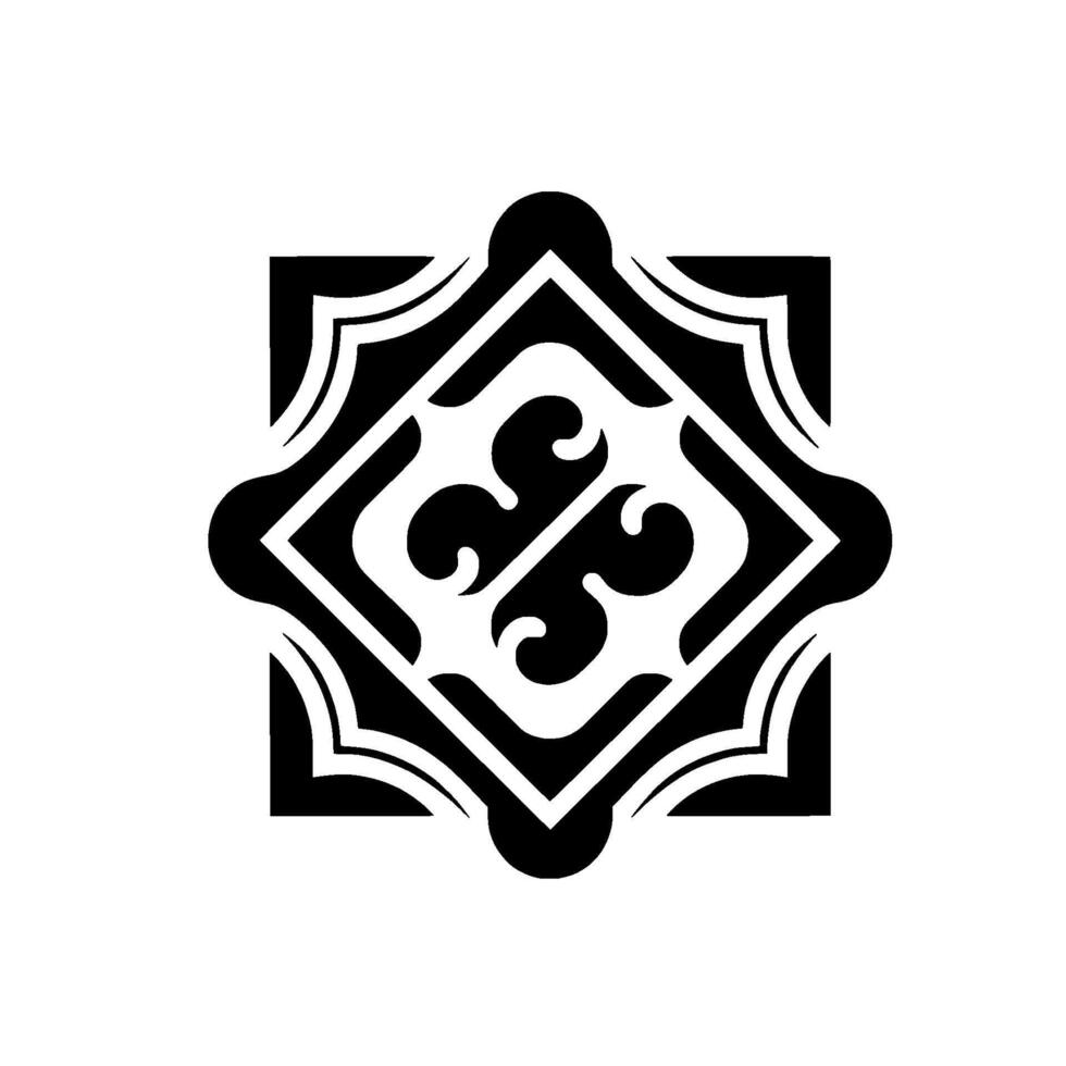 Symmetrical black and white geometric arabesque with a stylized floral center inside a square and diamond frame. vector