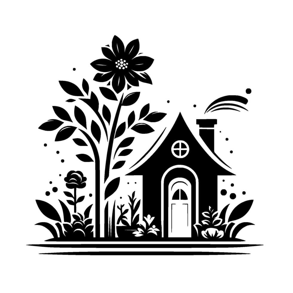 Black and White Illustration of a Cozy Cottage with a Large Sunflower and Garden, Symbolic of Peace and Nature. vector